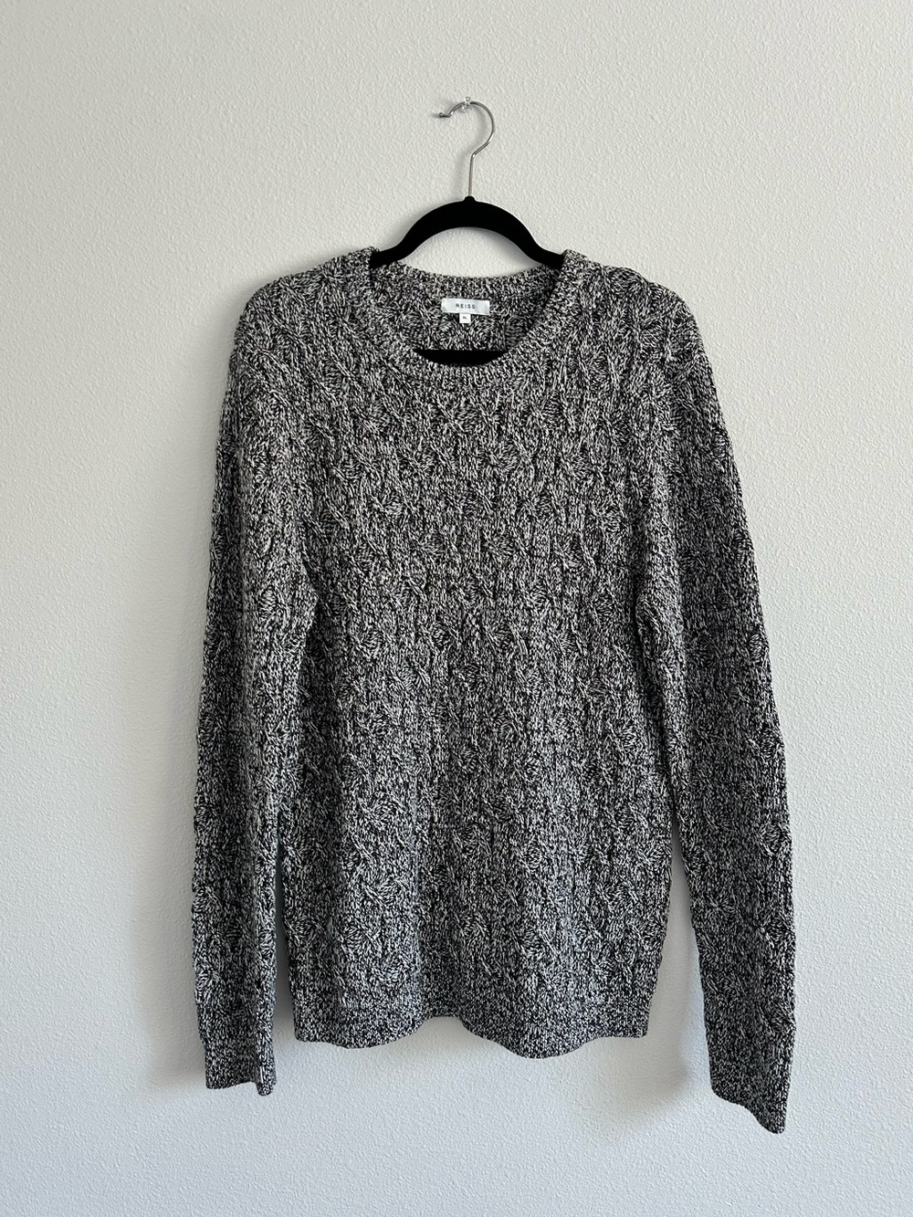 REISS Men’s Marled Cotton Crewneck Sweater Black White Mouliné Chunky Knit XL